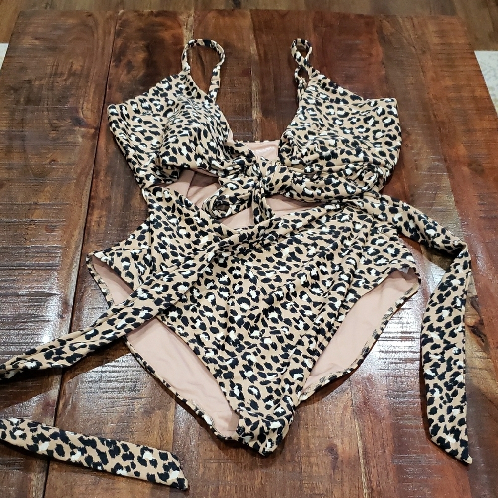 aerie Leopard Print One-Piece Swimsuit in Tan and Black